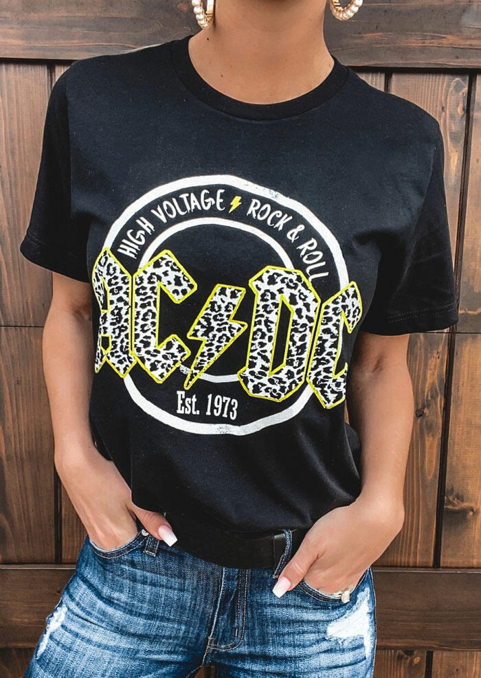 

AC DC Leopard Printed Rock & Roll T-Shirt Tee - Black, 465149