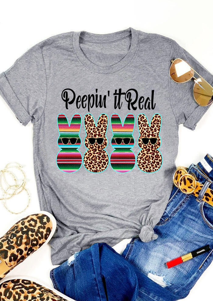 

Peepin' It Real Easter Bunnies Leopard Printed Splicing T-Shirt Tee - Gray, 465617