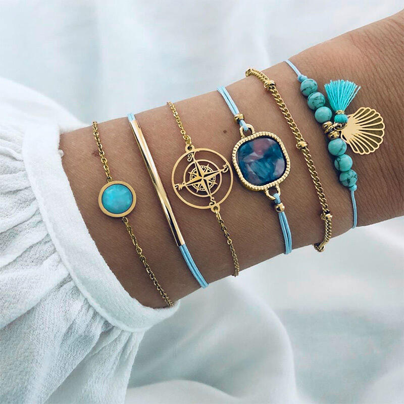 

6Pcs Compass Tassel Beading Bracelets, Blue, 465606