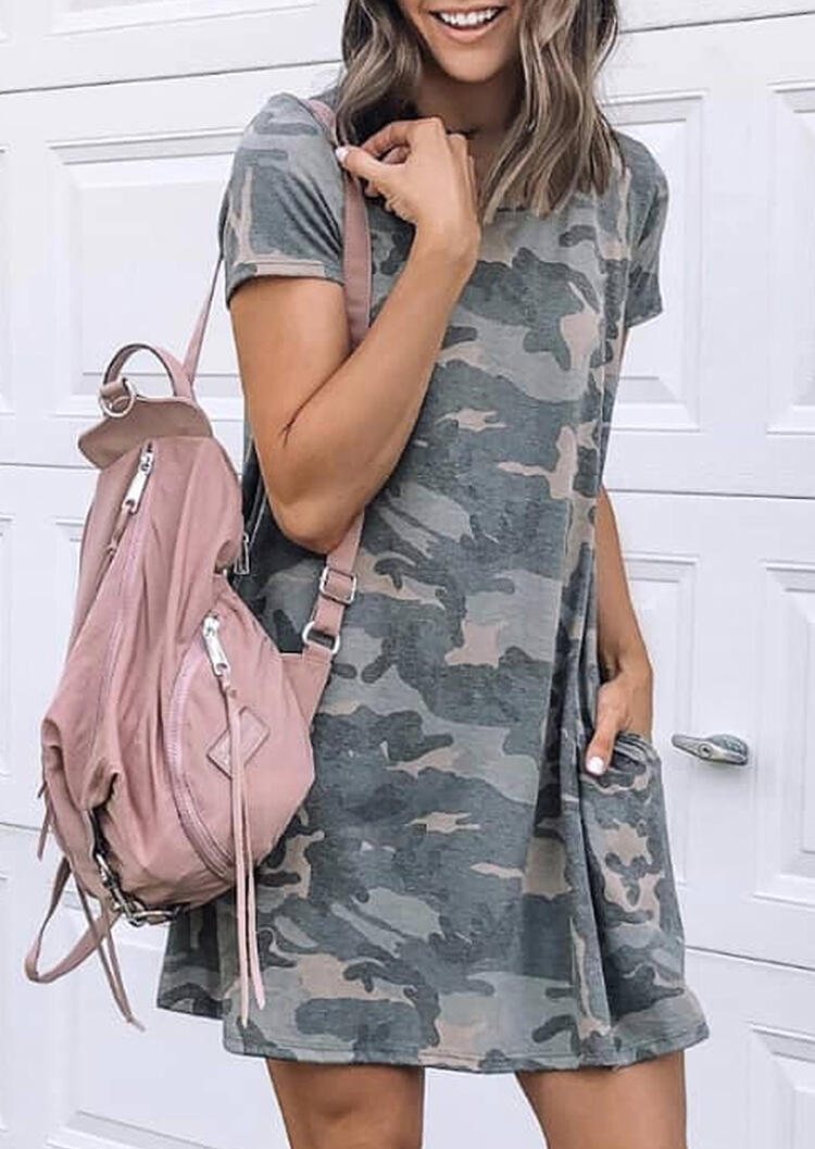 

Camouflage Printed Pocket O-Neck Mini Dress, 465747