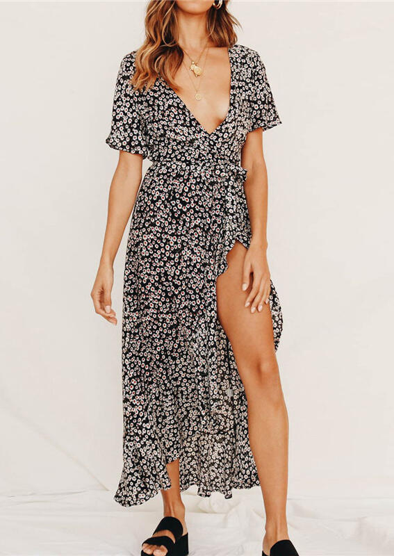 

Floral Slit Asymmetric Midi Dress - Black, 465758