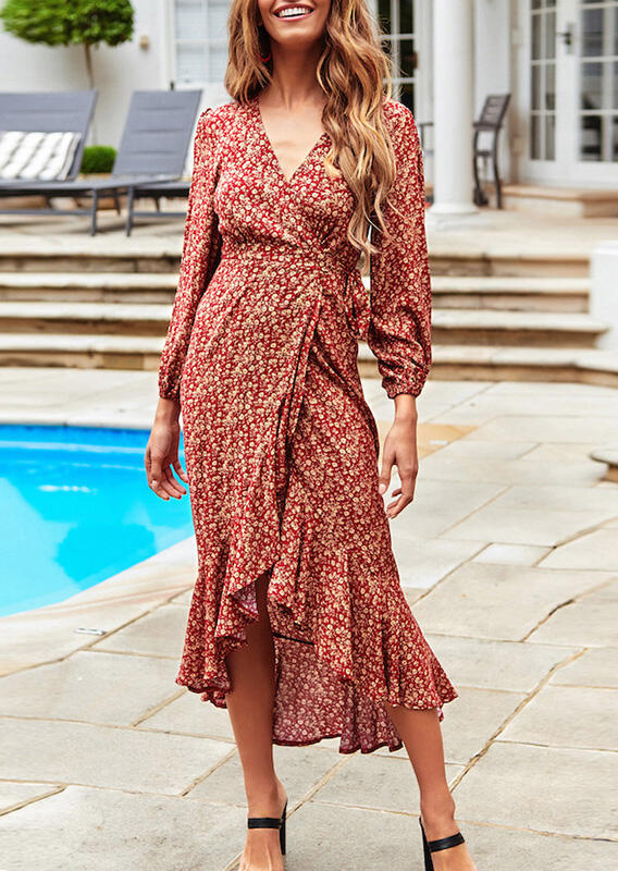 Printed Asymmetric Tie Midi Dress - Burgundy, 465772