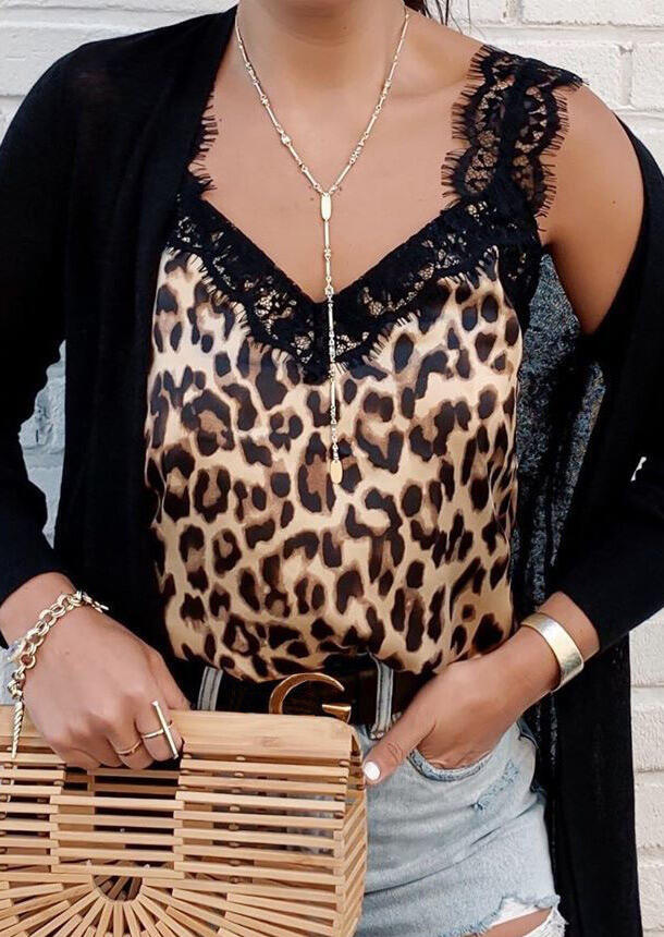 

Leopard Printed Lace Splicing Tank without Necklace, 461828