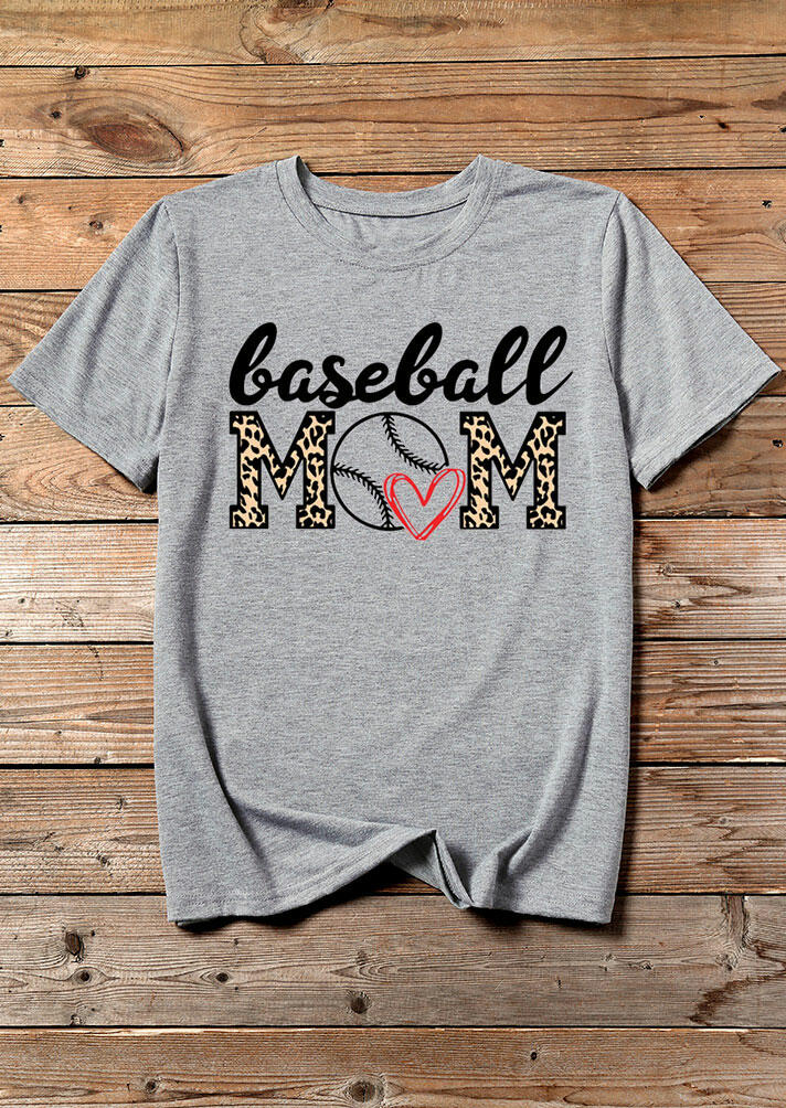 Baseball Mom Heart Leopard Printed T-Shirt Tee - Gray - Bellelily