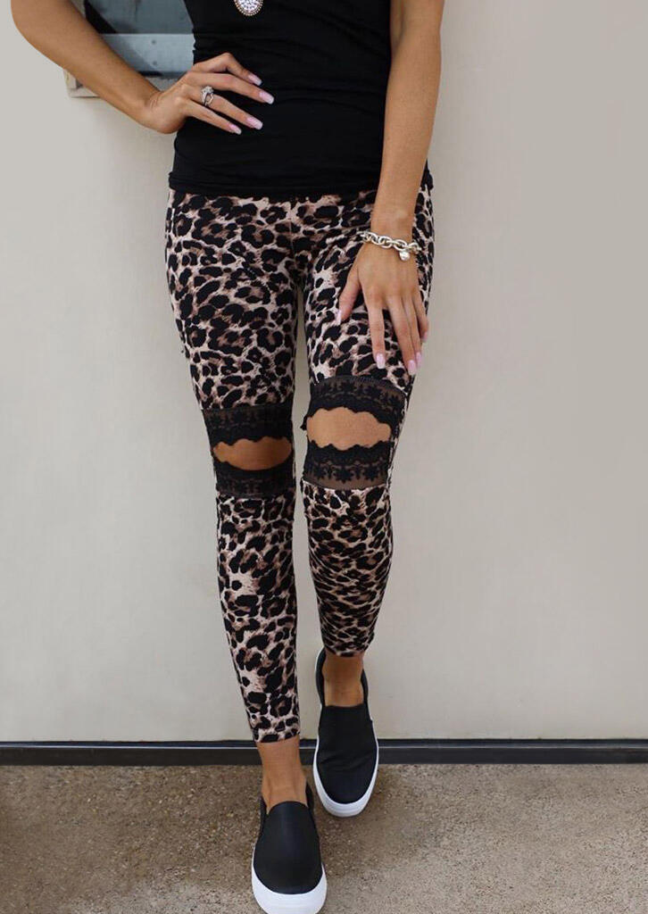 Floral Hollow Out Leopard Print Skinny Leggings