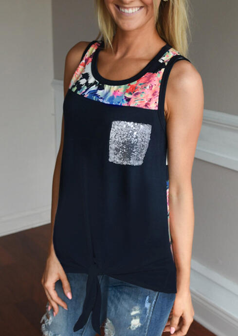

Floral Sequined Splicing Pocket Tie Casual Tank - Navy Blue, 467058