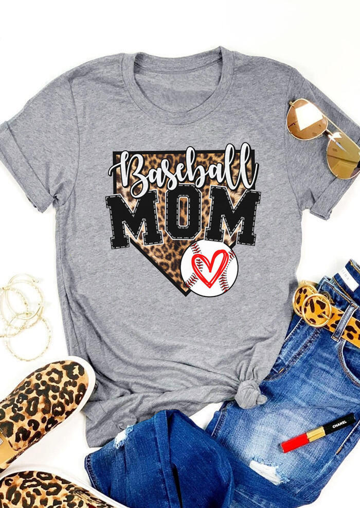 

Leopard Printed Baseball Mom Heart T-Shirt Tee - Gray, 467131