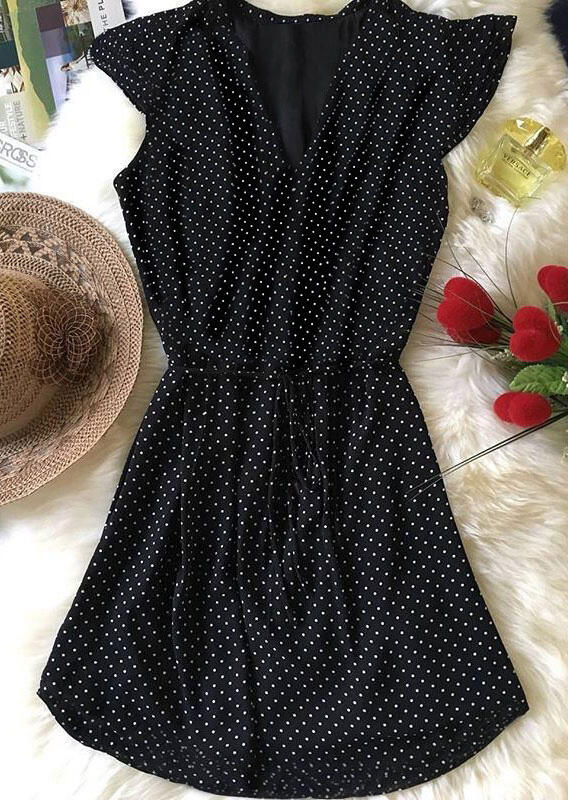 

Polka Dot Tie V-Neck Mini Dress - Black, 183104