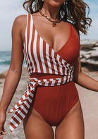 Summer Clothes Striped Splicing Tie One-Piece Swimsuit