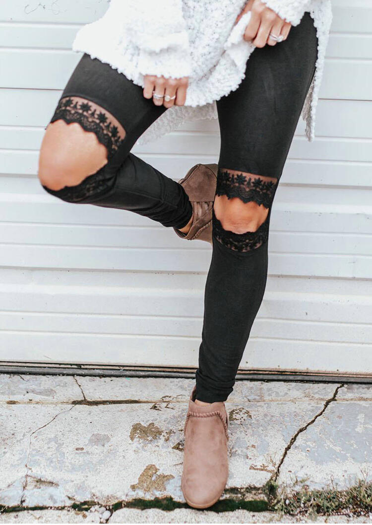

Hollow Out Lace Splicing Skinny Leggings - Black, 468021