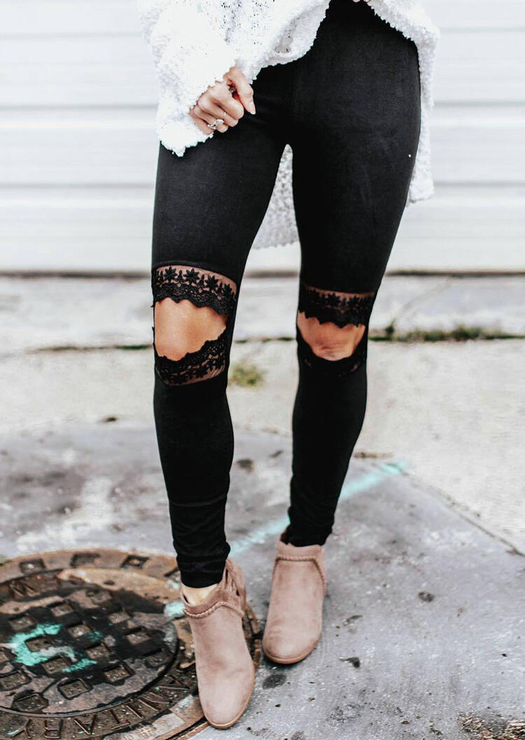 Kaufen Hollow Out Lace Splicing Skinny Leggings - Black. Bild