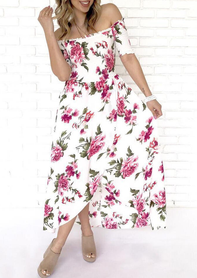 

Floral Ruffled Off Shoulder Maxi Dress - White, 468336