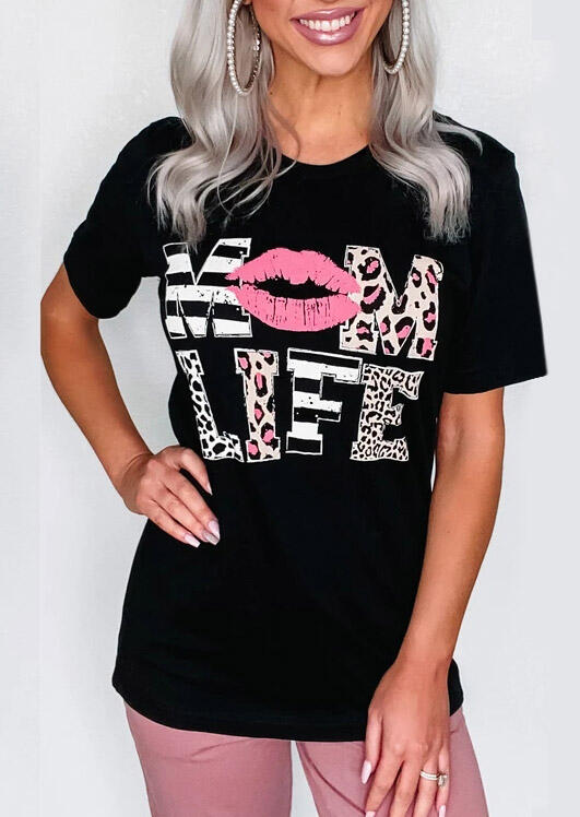 Leopard Mom Life Lips T-Shirt Tee - Black