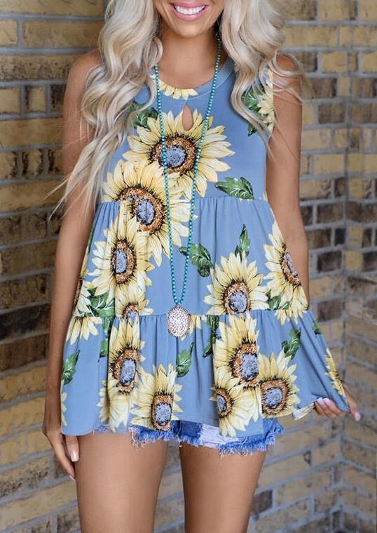 Sunflower Ruffled Tank without Necklace - Blue