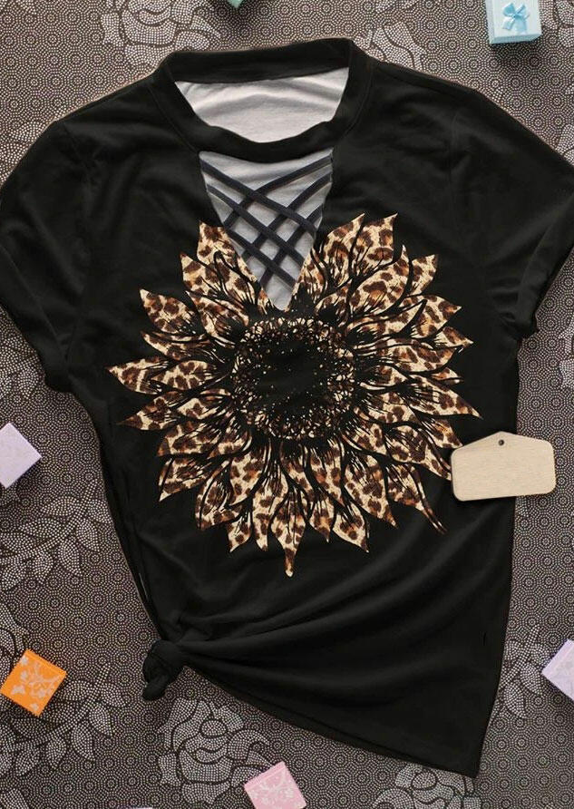 Leopard Print Sunflower Criss-Cross Hollow Out T-Shirt Tee - Black