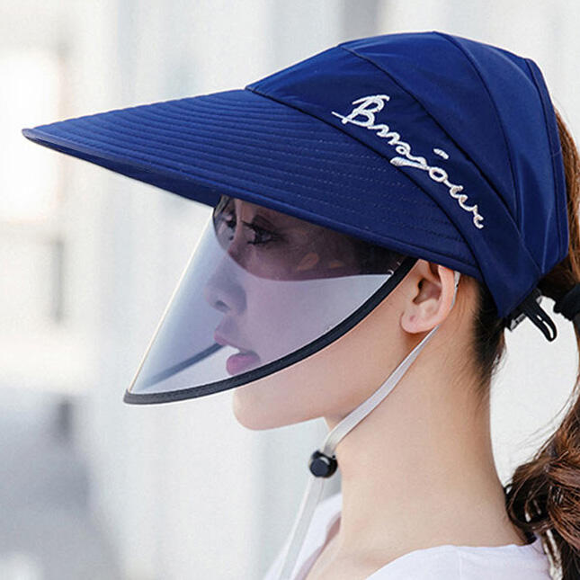 

UV Protection Double-Layer Big-Edge Sun Hat With Face Shield, Black;pink;navy blue, 465611