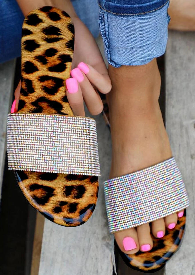 

Leopard Rhinestone Flat Slippers, 468905