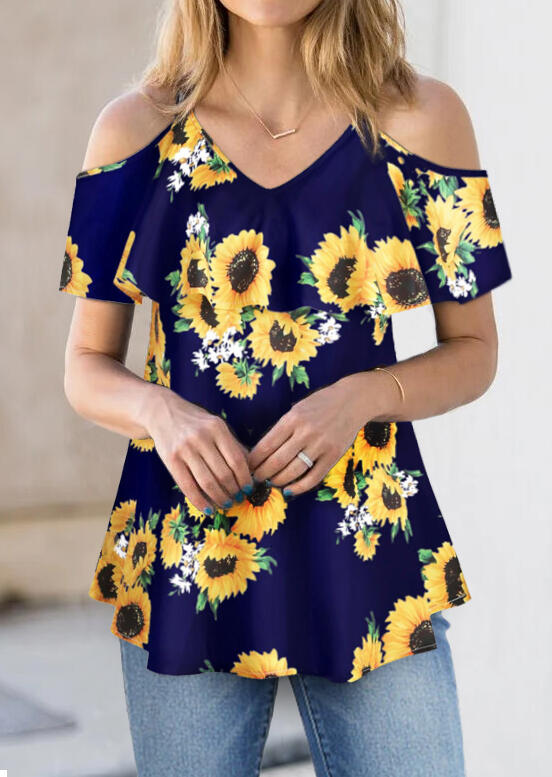 

Sunflower Cold Shoulder Blouse without Necklace - Navy Blue, 469143