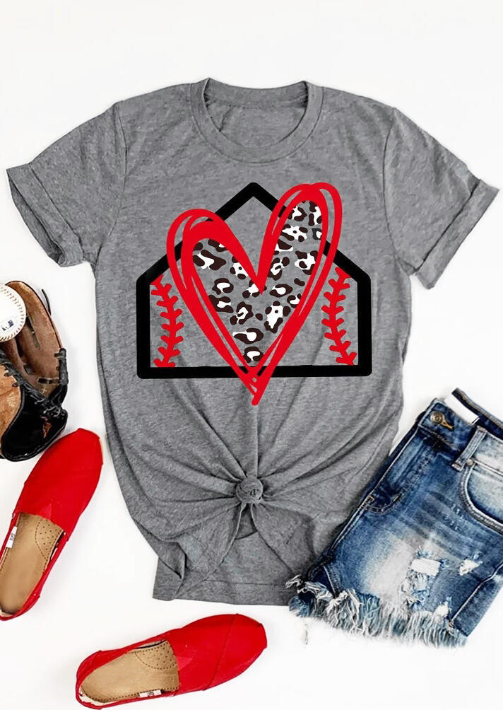 

Leopard Baseball Love Heart T-Shirt Tee - Gray, 469375