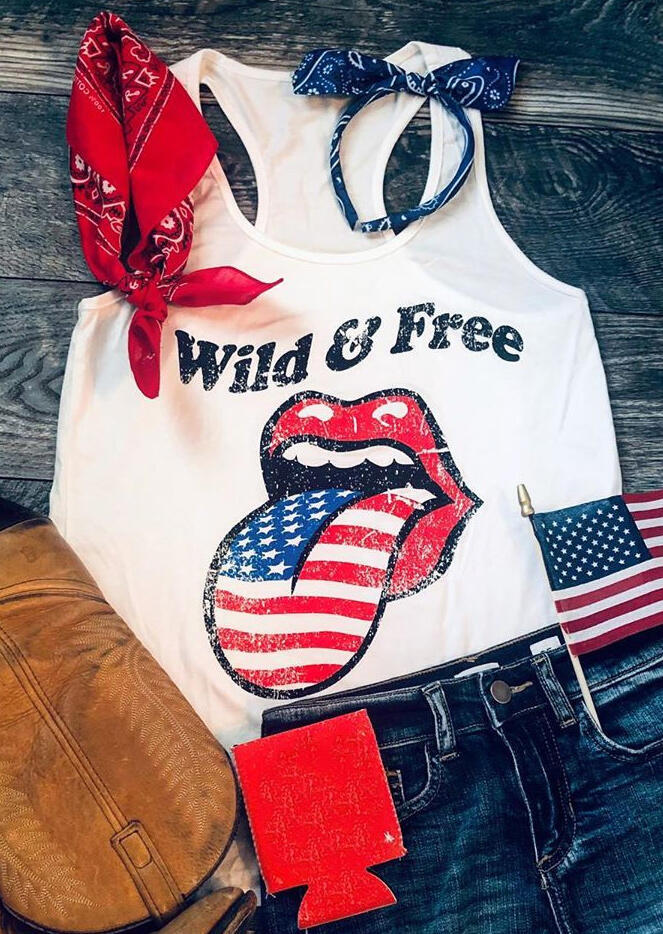 

Wild & Free American Flag Lips Racerback Tank - White, 469471