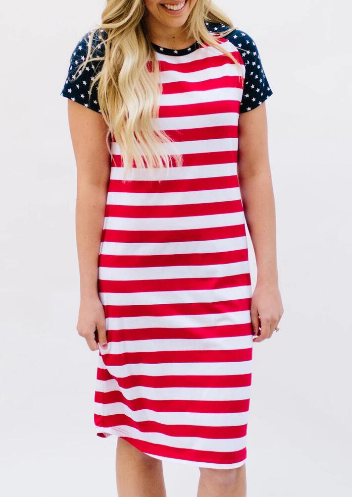 

American Flag Star Striped Splicing Casual Dress, Stripe, 469493