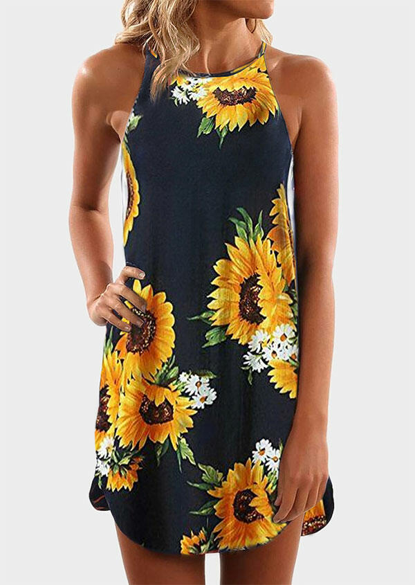 Sunflower Spaghetti Strap Mini Dress - Deep Blue