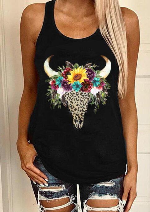 

Sunflower Leopard Steer Skull Tank - Black, 469851