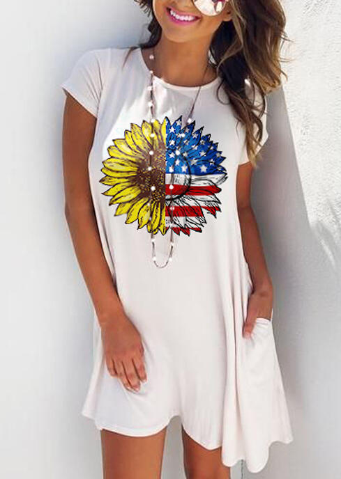 

American Flag Sunflower Pocket Mini Dress without Necklace - White, 470235