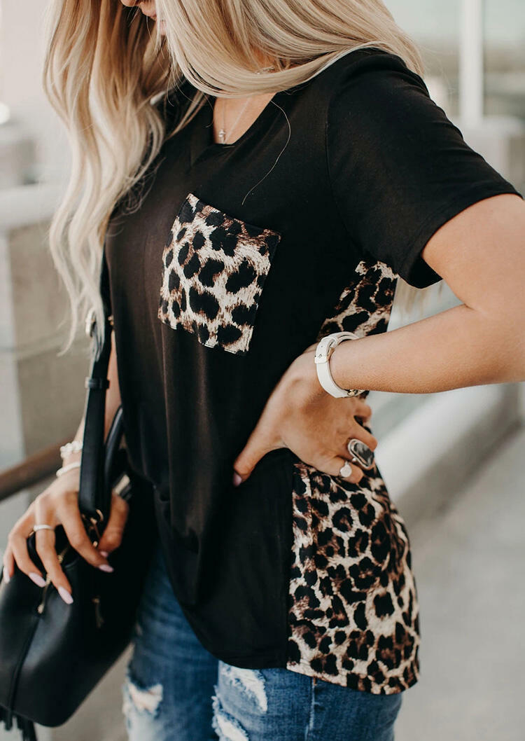 Leopard Printed Splicing T-Shirt Tee without Necklace - Black