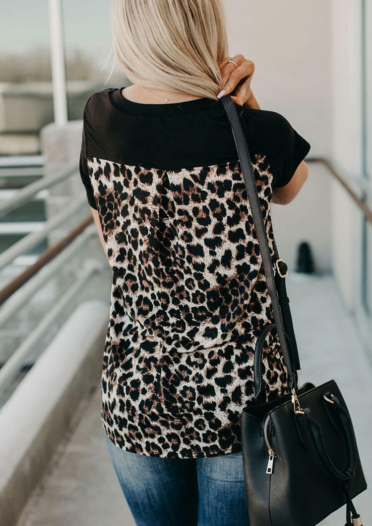 Leopard Printed Splicing T-Shirt Tee without Necklace - Black