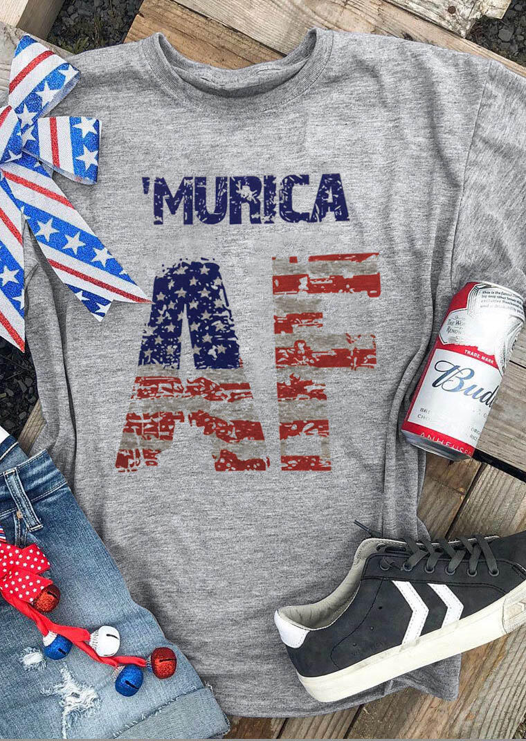 

'Murica American Flag Star T-Shirt Tee - Gray, 470277