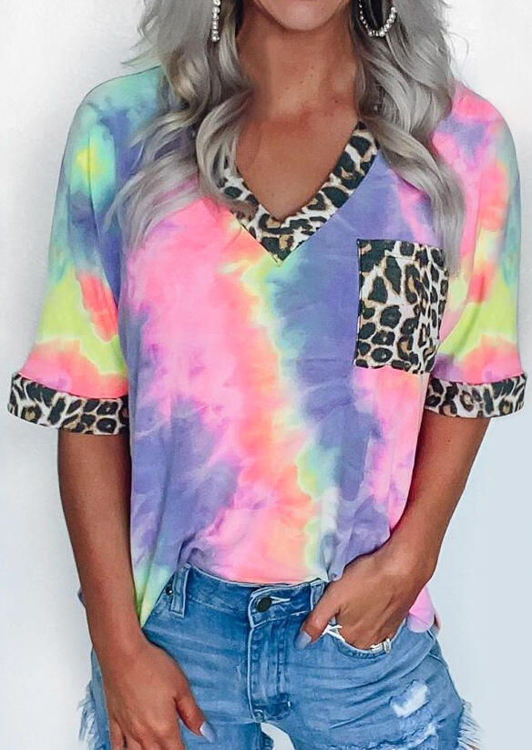 

Tie Dye Leopard Splicing Pocket T-Shirt Tee, Multicolor, 470376