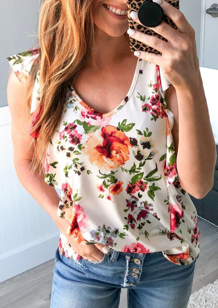 

Floral Ruffled Hollow Out Tank - White, 470409
