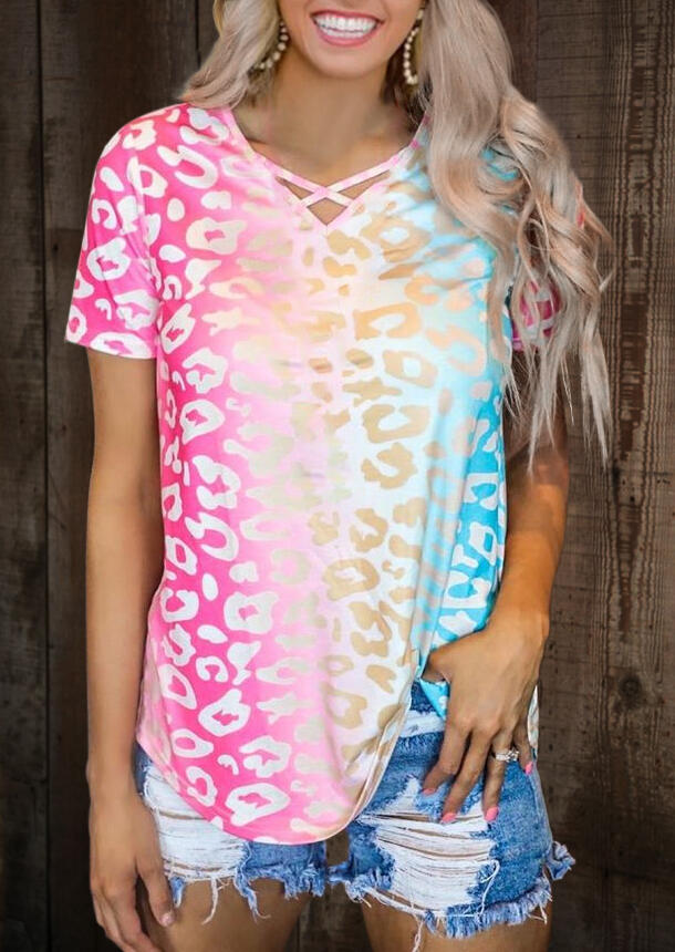 

Gradient Color Criss-Cross T-Shirt Tee without Necklace, Multicolor, 469877