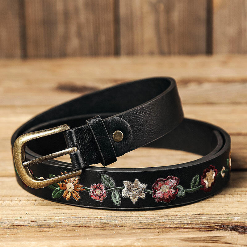 Vintage Embroidered Flower PU Leather Belt Bellelily