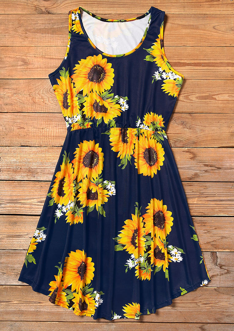 Sunflower Sleeveless Mini Dress - Navy Blue - Bellelily