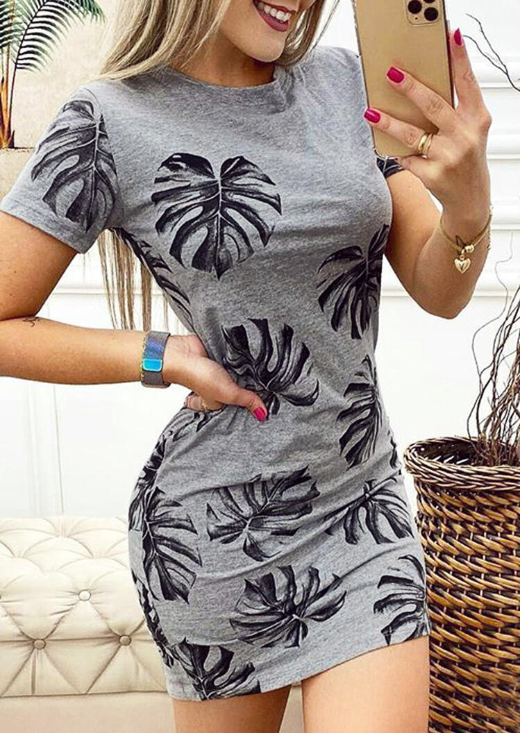 

Palm Leaf O-Neck Mini Dress - Gray, 471122