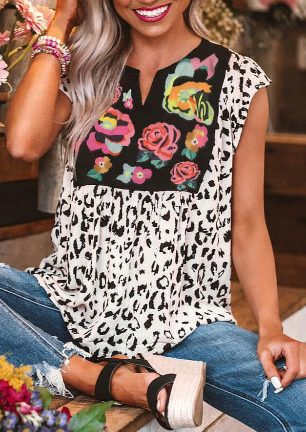 

Cow Printed Flower Splicing V-Neck Blouse - White, 468959