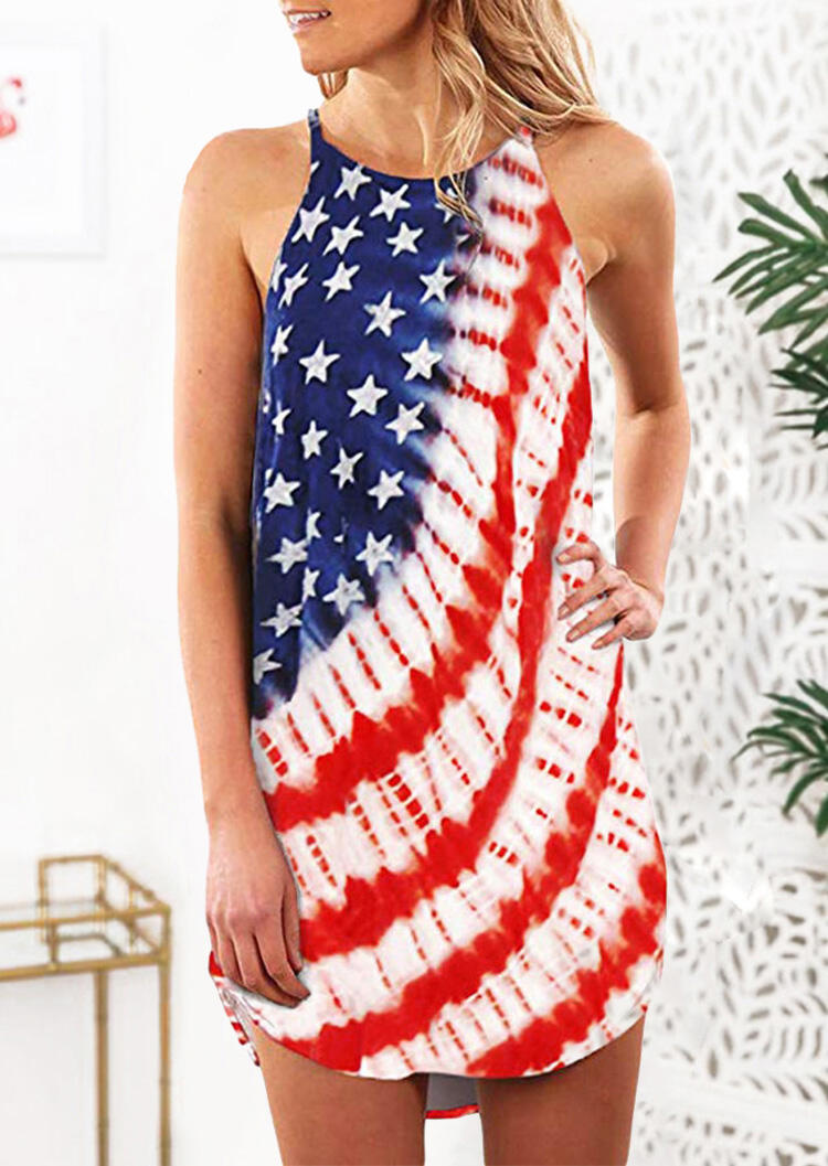 

American Flag Star Halter Asymmetric Mini Dress, Multicolor, 471451