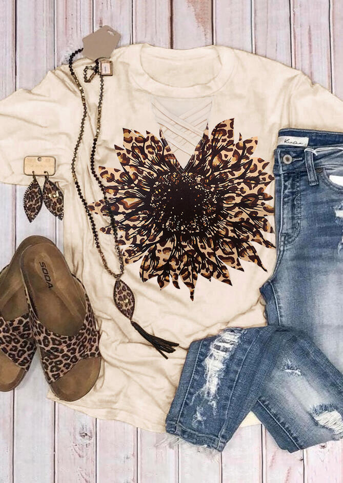 

Leopard Sunflower Criss-Cross Hollow Out T-Shirt Tee - Light Yellow, 471453