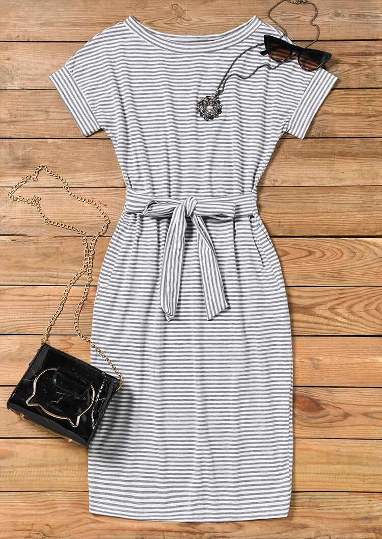 Striped Pocket Tie Mini Dress without Necklace