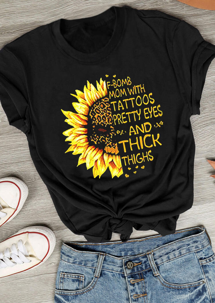 

Leopard Sunflower F-Bomb Mom With Tattoos T-Shirt Tee - Black, 469080