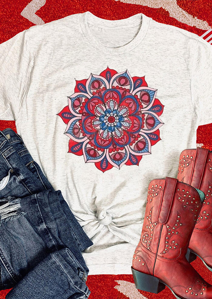 

Mandala O-Neck T-Shirt Tee - Light Grey, 471565