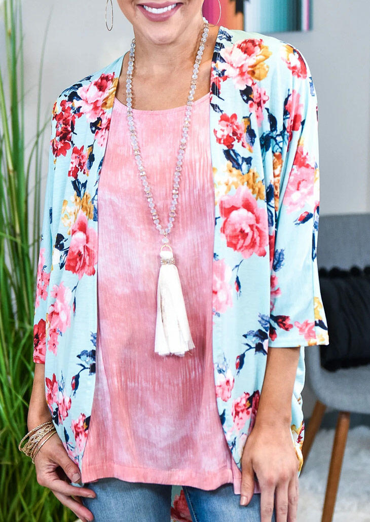 

Floral Three Quarter Sleeve Cardigan without Necklace - Light Blue, 471611