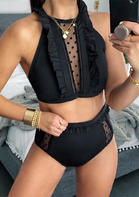 Conjunto de bikini de lazo con lazo halter con volantes de malla