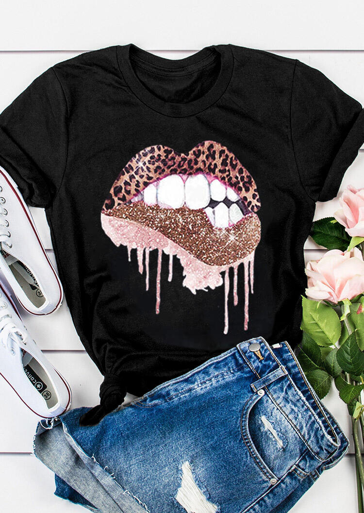 Leopard Lips O-Neck T-Shirt Tee - Black