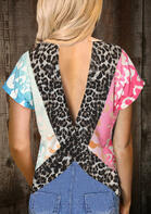 Summer Clothes Leopard Splicing Open Back Blouse
