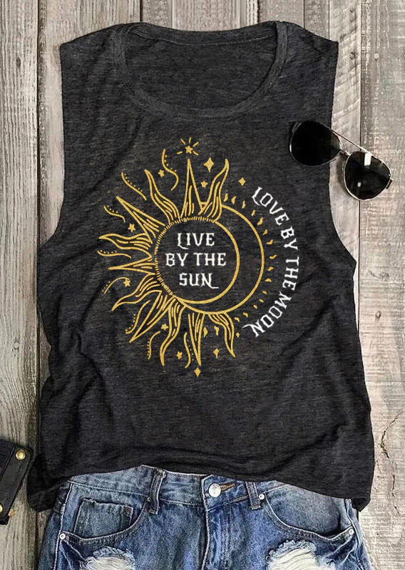 Sunflower Live By The Sun Love By The Moon Tank - Gray