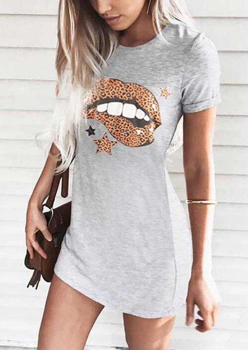 

Star Leopard Lips Mini Dress - Light Grey, 469935