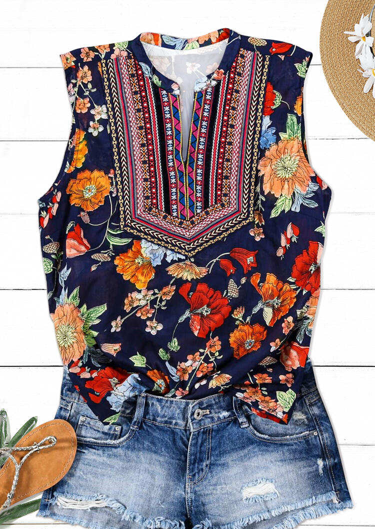 

Floral V-Neck Tank - Navy Blue, 471883